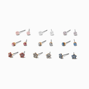 Rainbow Crystal, Flower &amp; Pearl Stud Earrings - 9 Pack,