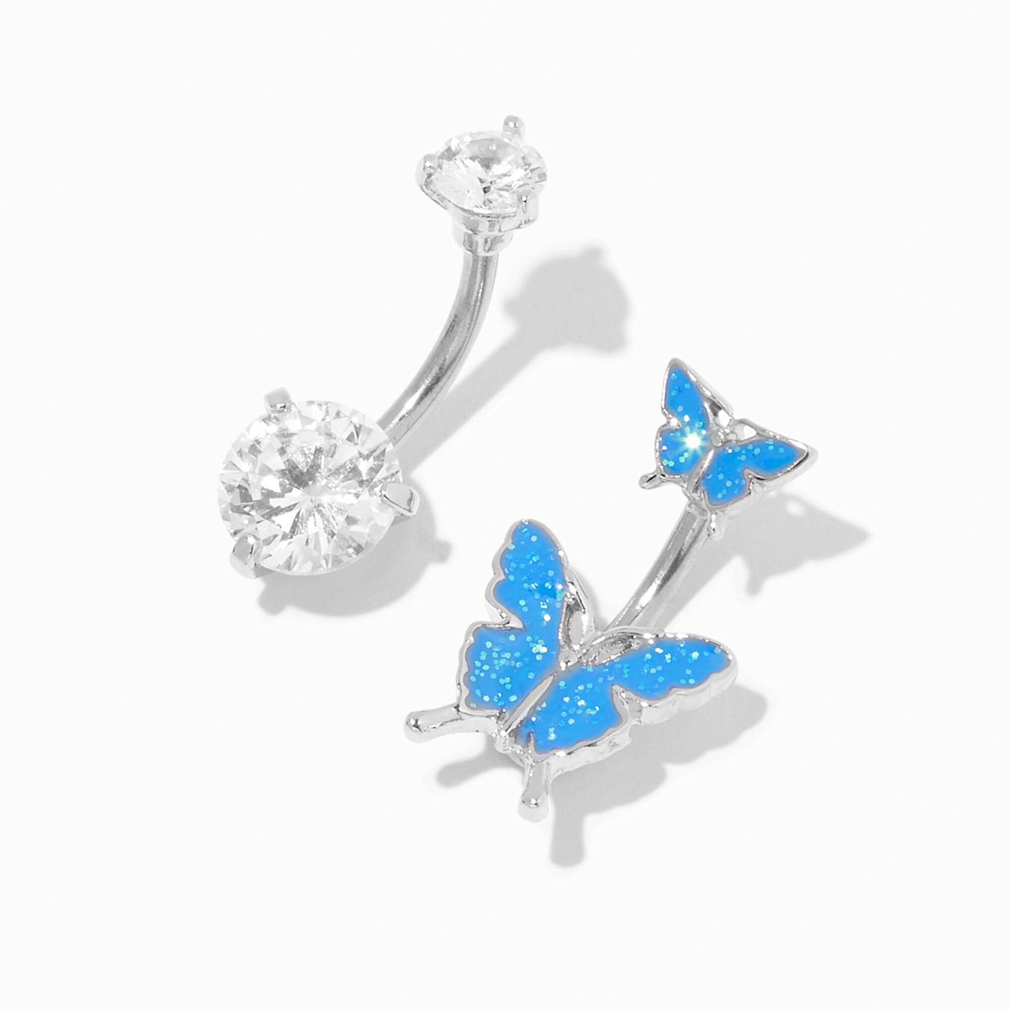 Silver-tone Stainless Steel Cubic Zirconia & Blue Butterfly 14G Belly Bars - 2 Pack,