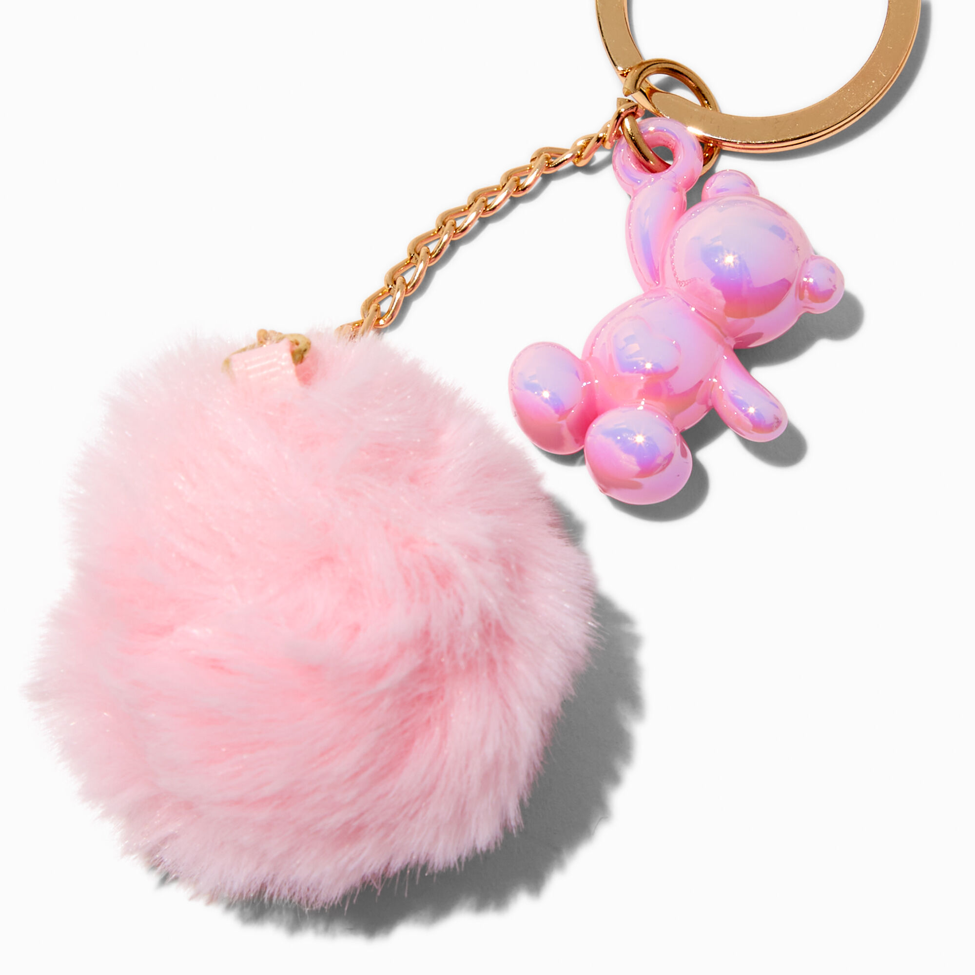 Porte-clés à breloque nounours couleur chromée pompon rose,