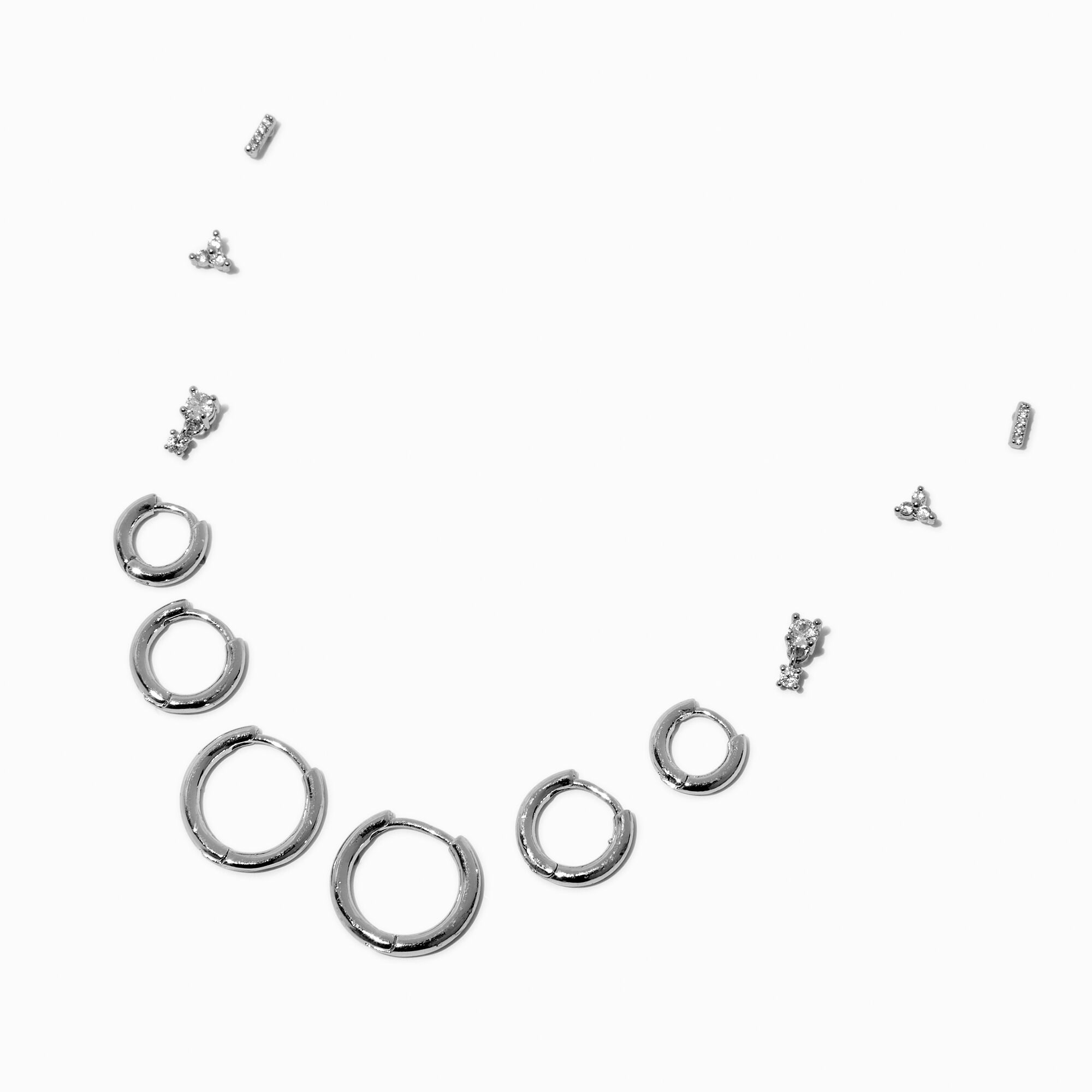 Silver-tone Cubic Zirconia Stud & Clicker Hoop Earring Stackables Set - 6 Pack,