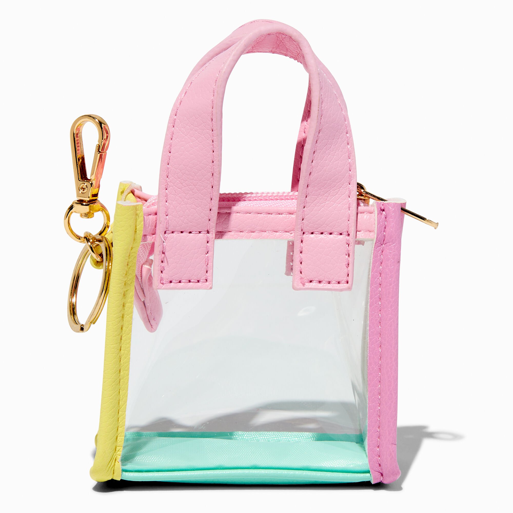 Porte-clés mini sac cabas transparent color block pastel,
