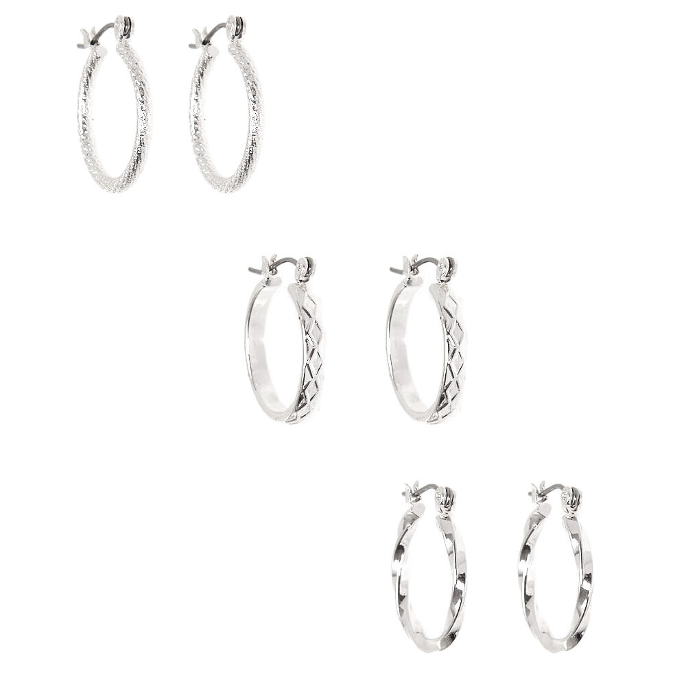 Silver-tone Thick Textured 20mm Hoop Earrings - 3 Pack,